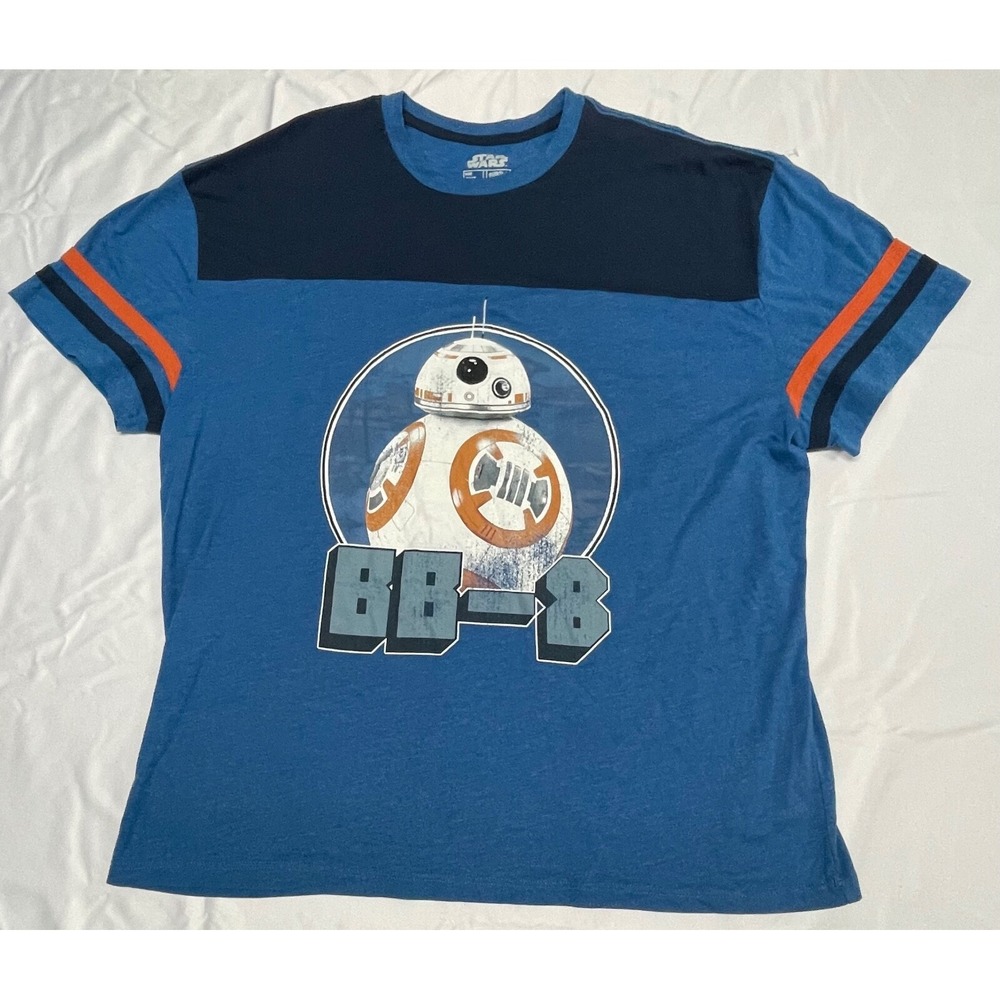 Disney Star Wars BB-8 Polyester Graphic Tee w Striped Sleeves, 2XL Blue